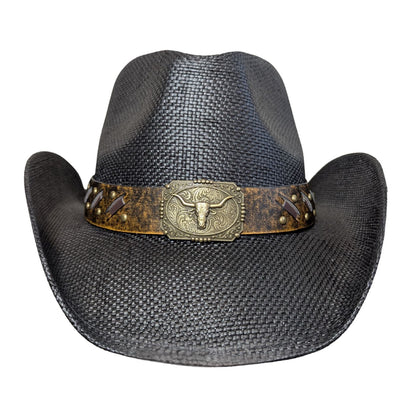 Black Bull Buckle Cowboy Hat by Redneck Legends — front view, ornate brass longhorn buckle plate on a distressed brown studded band