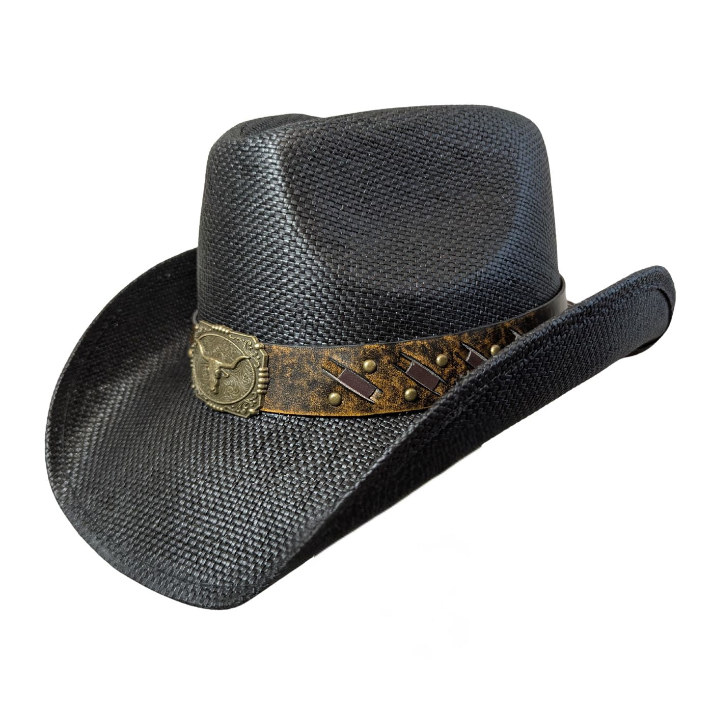 Black Bull Buckle Cowboy Hat by Redneck Legends — side view, distressed brown band with brass studs and black lace accents, curved black woven brim