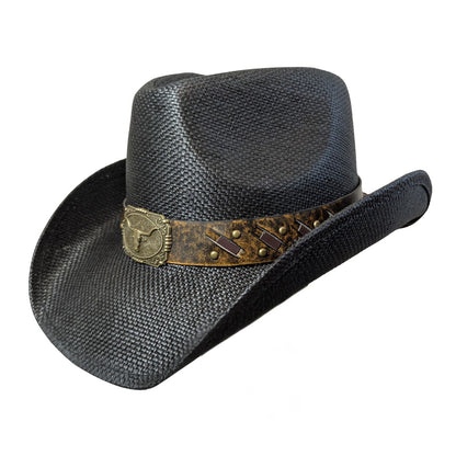 Black Bull Buckle Cowboy Hat by Redneck Legends — side view, distressed brown band with brass studs and black lace accents, curved black woven brim