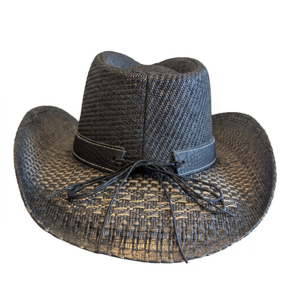 Black Silver Concho Cowboy Hat by Redneck Legends — back view, croc-look band tied with a knotted cord bow, distressed two-tone brim