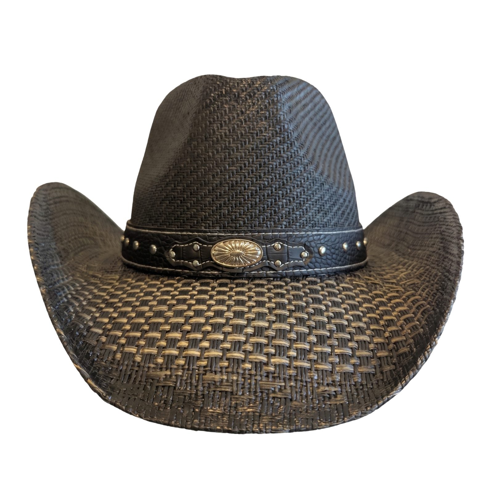 Black Silver Concho Cowboy Hat by Redneck Legends — front view, studded black croc-look band with silver oval sunburst concho, distressed two-tone woven brim