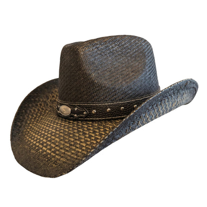 Black Silver Concho Cowboy Hat by Redneck Legends — side view, silver concho and studded band, curved distressed two-tone brim