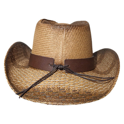 Brown Longhorn Bull Cowboy Hat by Redneck Legends — back view showing the leather band tie cords over the basketweave brim