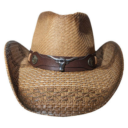 Brown Longhorn Bull Cowboy Hat by Redneck Legends — front view, silver longhorn steer medallion centered on the brown leather band with brass conchos