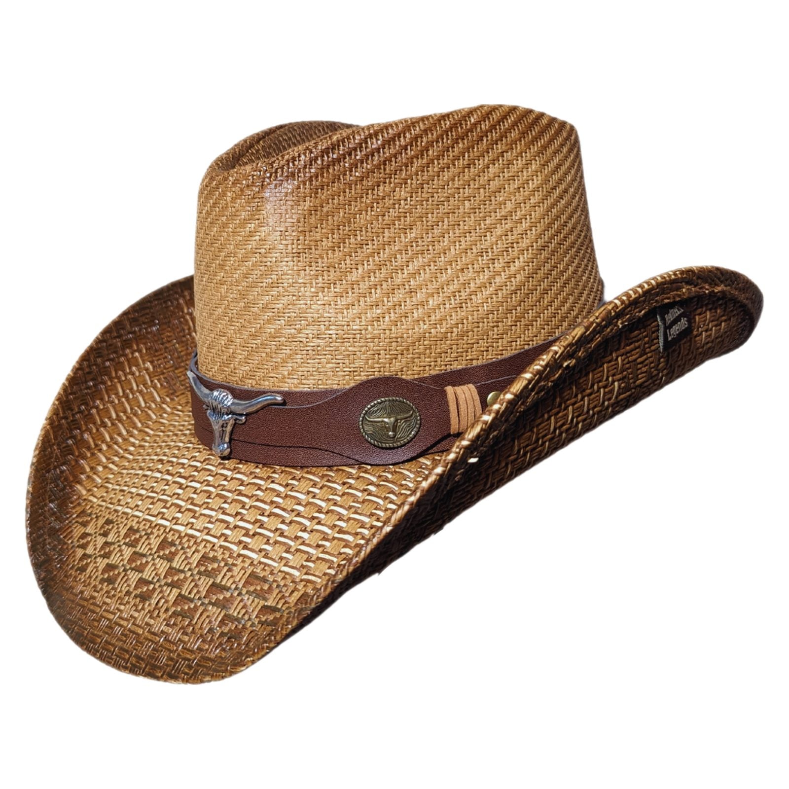 Brown Longhorn Bull Cowboy Hat by Redneck Legends — side view with silver longhorn medallion and brass concho on the brown leather band, two-tone woven brim