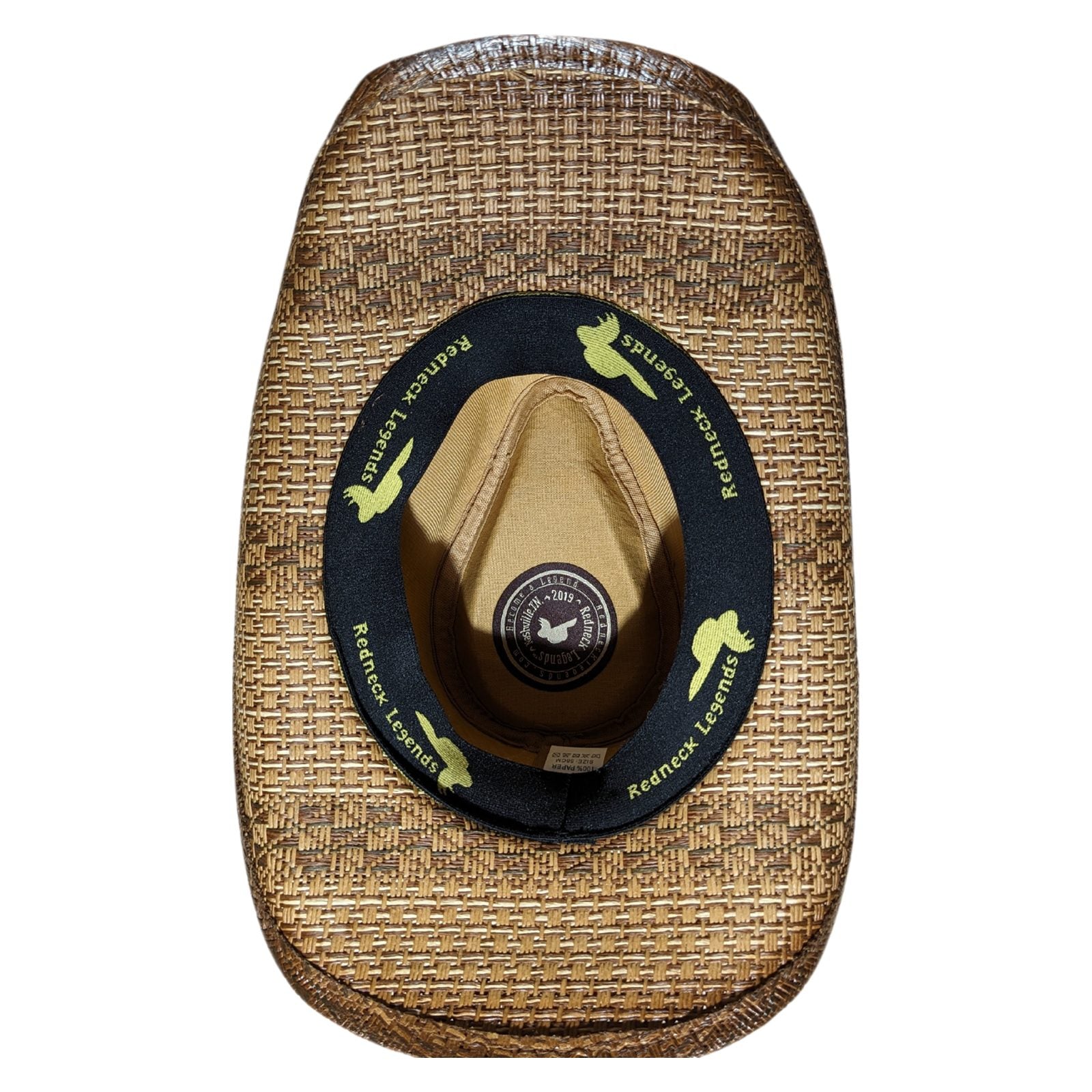 Brown Longhorn Bull Cowboy Hat by Redneck Legends — underside showing the branded interior band and flex-fit sweatband