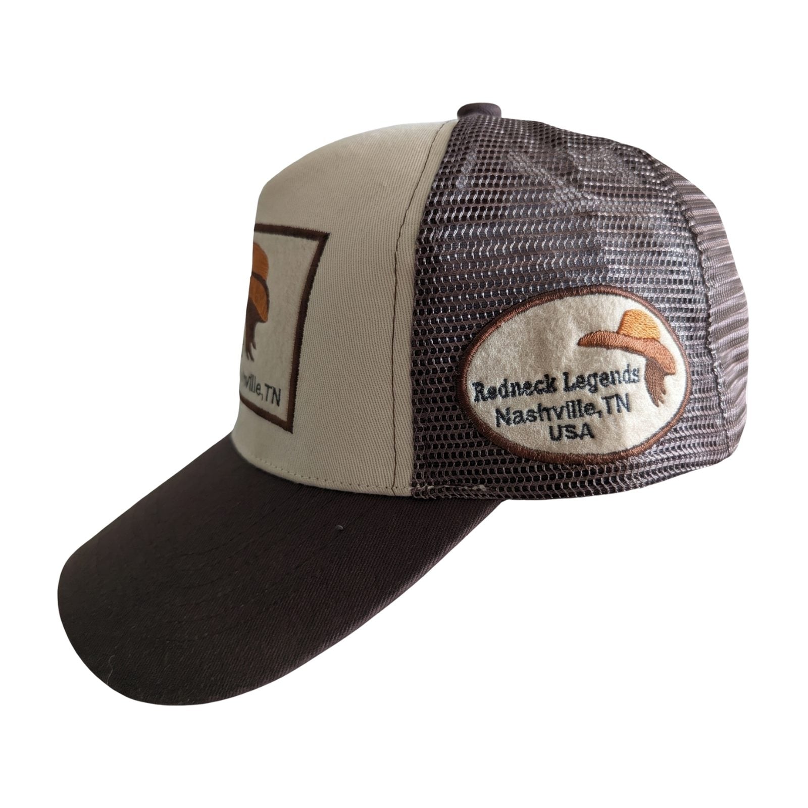 Redneck Legends Cream &amp; Brown Trucker Hat — side view, oval Nashville TN logo patch on brown mesh panel
