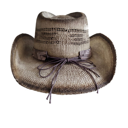 Rusty Longhorn Bull Cowboy Hat by Redneck Legends — back view, knotted cord bow tied through the band ends, vented crown and smoked brim edges