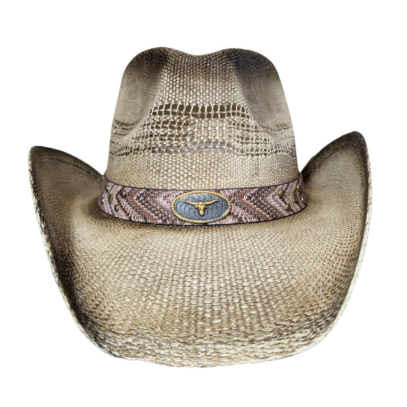 Rusty Longhorn Bull Cowboy Hat by Redneck Legends — front view, gold longhorn medallion on southwestern woven band with brass studs, vented crown weave