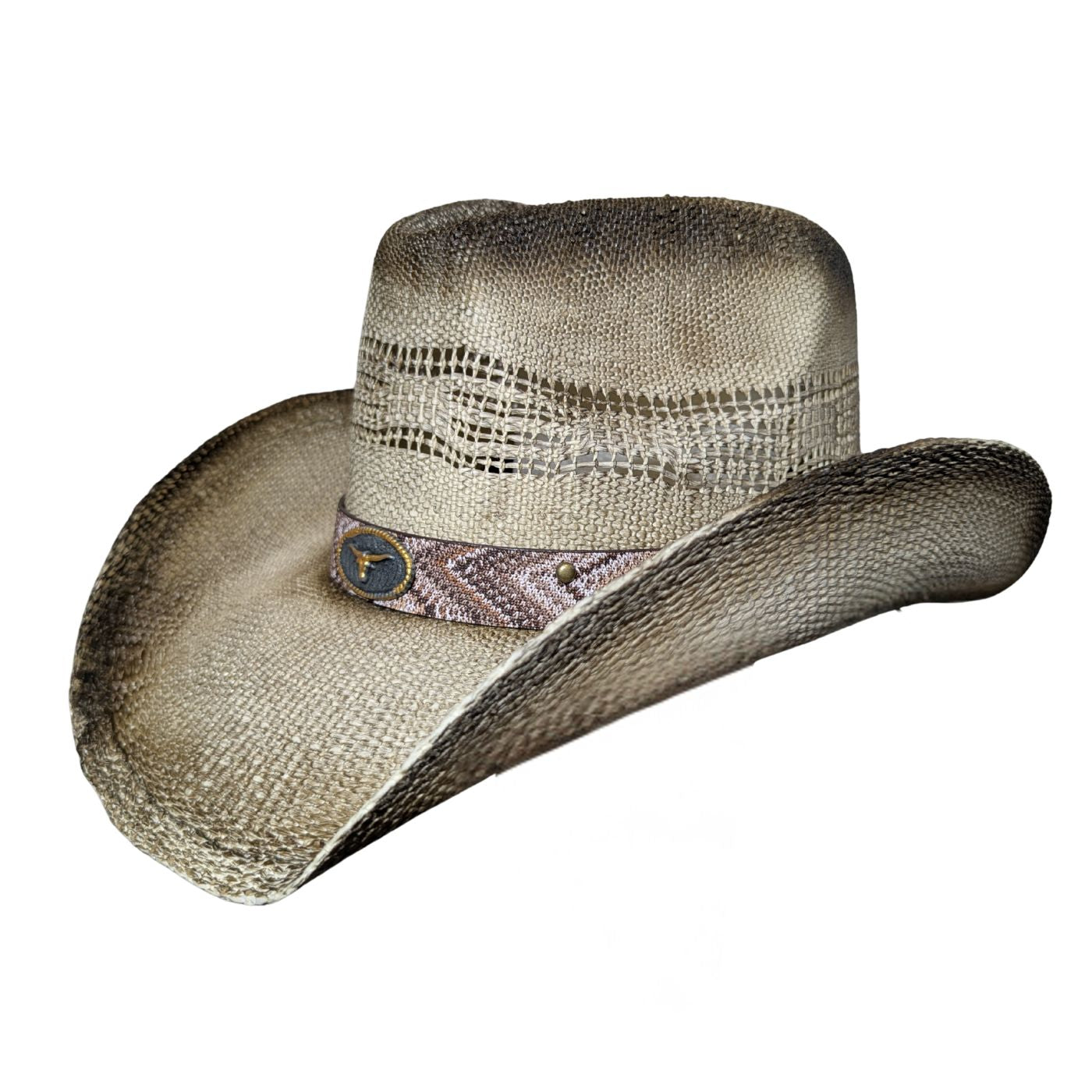 Rusty Longhorn Bull Cowboy Hat by Redneck Legends — side view, tea-stained straw with smoked edges, southwestern chevron band with gold longhorn medallion, curved brim