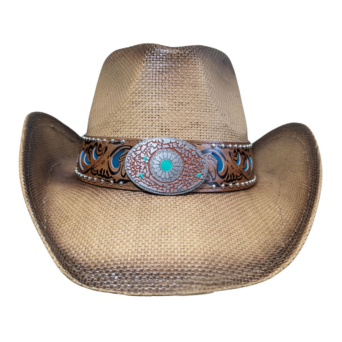 Turquoise Tooled Leather Cowboy Hat by Redneck Legends — front view, tooled band with turquoise inlay, silver studs, and jeweled rosette concho