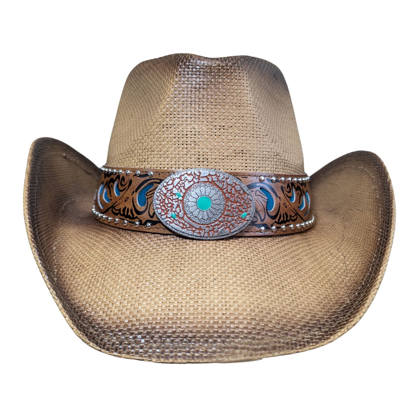 Turquoise Tooled Leather Cowboy Hat by Redneck Legends — front view, tooled band with turquoise inlay, silver studs, and jeweled rosette concho