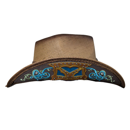 Turquoise Tooled Leather Cowboy Hat by Redneck Legends — side detail view, embroidered leather brim panel with turquoise scrollwork, golden floral stitching, and jewel accents