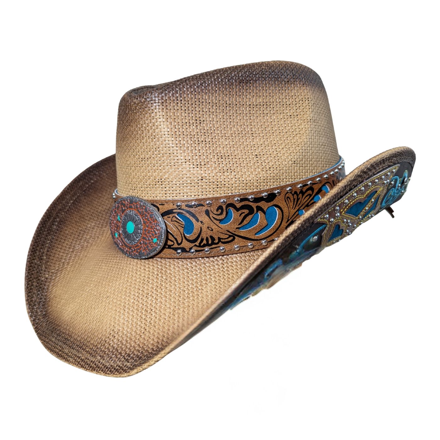 Turquoise Tooled Leather Cowboy Hat by Redneck Legends — side view, embroidered leather brim panel with turquoise scrollwork, golden floral stitching, and jewel accents