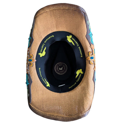Turquoise Tooled Leather Cowboy Hat by Redneck Legends — underside view, Redneck Legends branded interior band and embroidered leather brim accents
