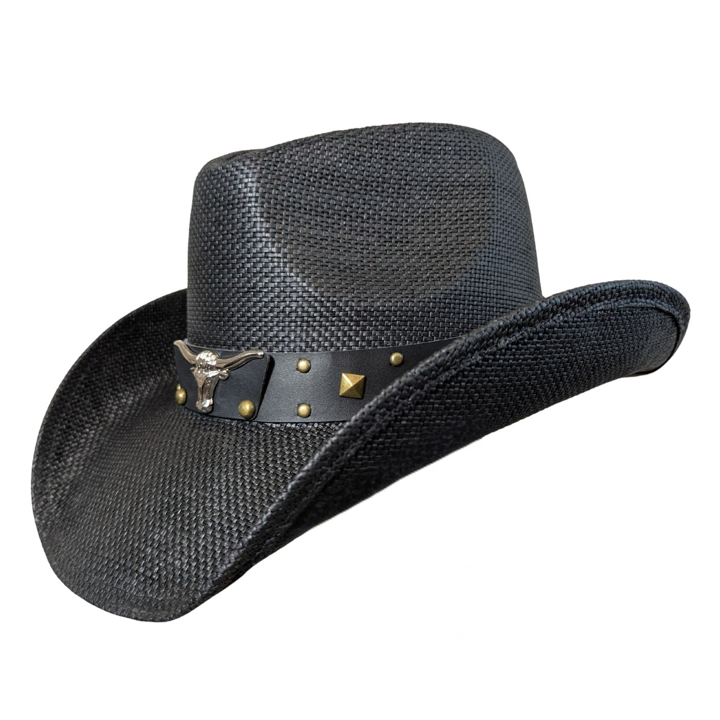 Black Longhorn Bull Cowboy Hat by Redneck Legends — blacked-out woven straw with a black leather band, silver longhorn steer-head, and antiqued brass studs