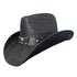 Black Longhorn Bull Cowboy Hat by Redneck Legends — blacked-out woven straw with a black leather band, silver longhorn steer-head, and antiqued brass studs