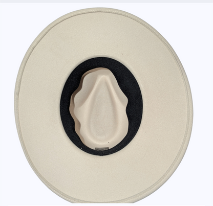 Ivory Western Fedora Hat by Redneck Legends — creamy ivory suede-look fedora with a pinched crown, wide flat brim, and a stitched brown leather band with buckle