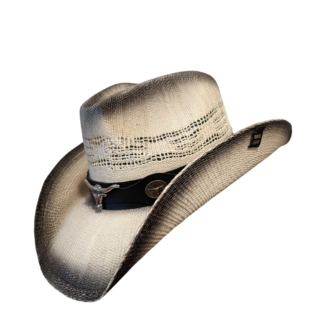 Black Burnt Bull Cowboy Hat by Redneck Legends — distressed scorched two-tone open-weave straw with longhorn hardware on a black leather band