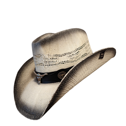 Black Burnt Bull Cowboy Hat by Redneck Legends — distressed scorched two-tone open-weave straw with longhorn hardware on a black leather band