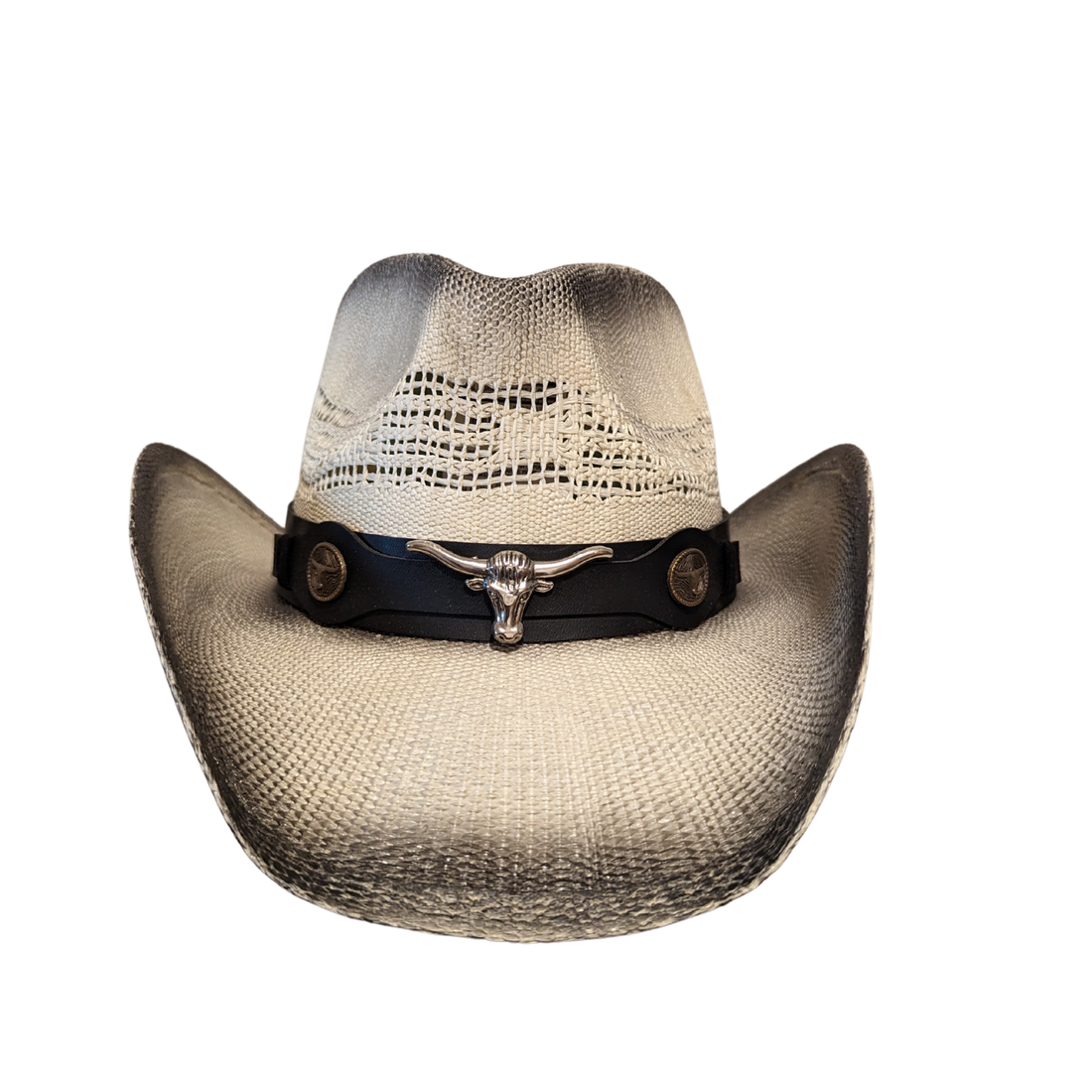 Black Burnt Bull Cowboy Hat by Redneck Legends — distressed scorched two-tone open-weave straw with longhorn hardware on a black leather band
