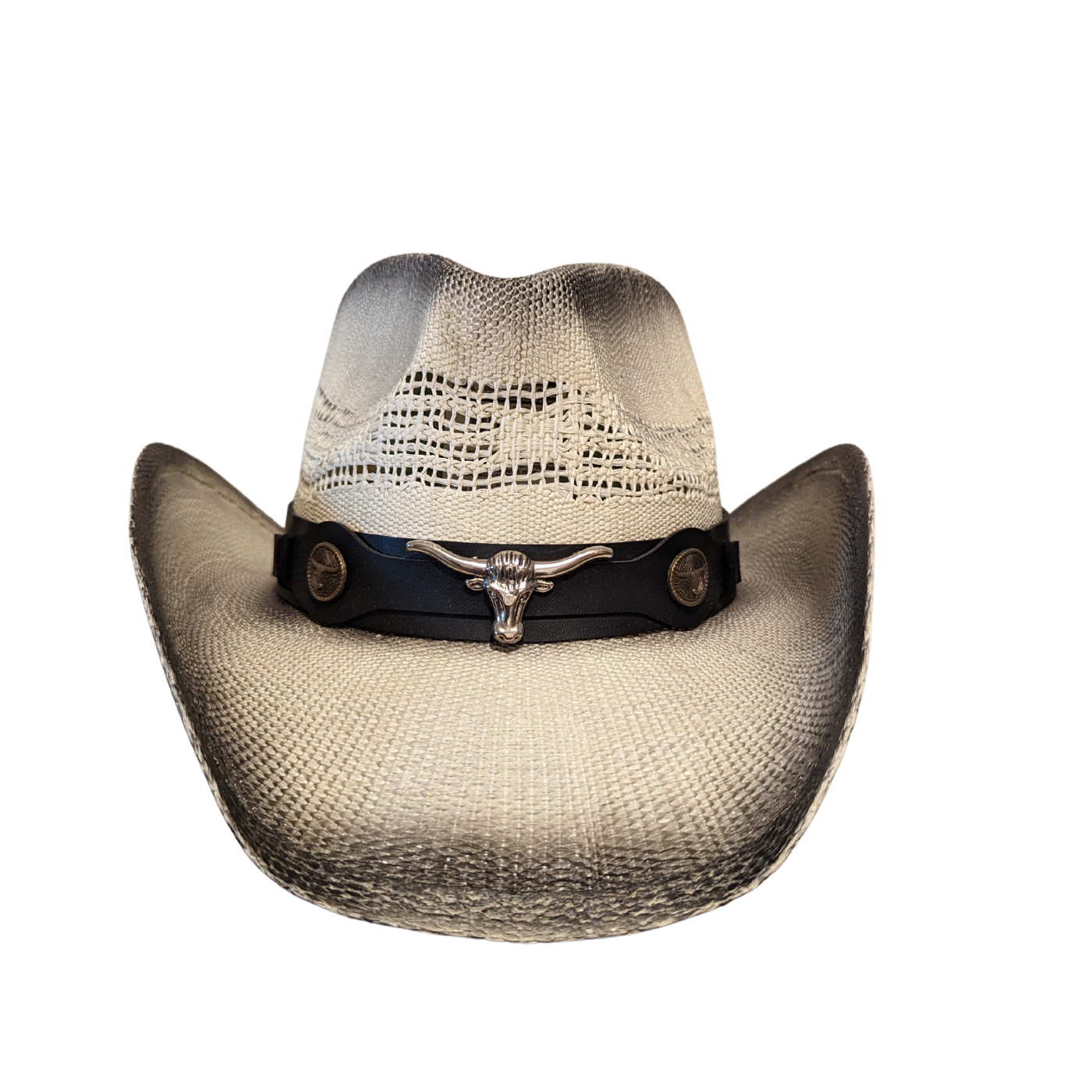 Black Burnt Bull Cowboy Hat by Redneck Legends — distressed scorched two-tone open-weave straw with longhorn hardware on a black leather band