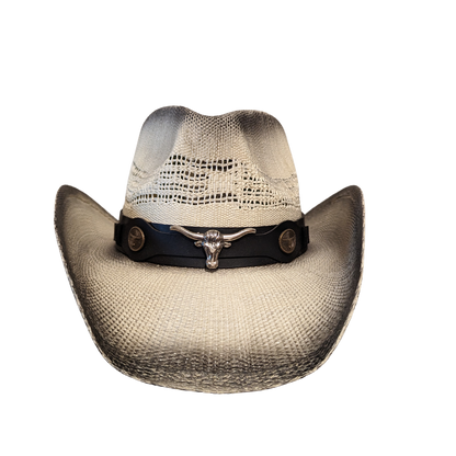 Black Burnt Bull Cowboy Hat by Redneck Legends — distressed scorched two-tone open-weave straw with longhorn hardware on a black leather band