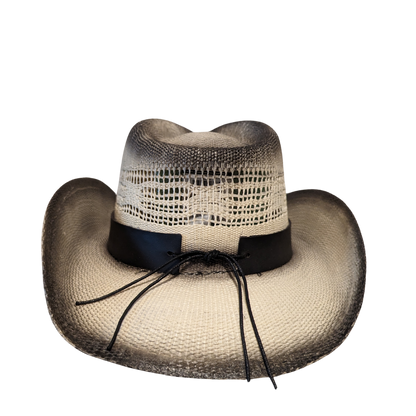 Black Burnt Bull Cowboy Hat by Redneck Legends — distressed scorched two-tone open-weave straw with longhorn hardware on a black leather band