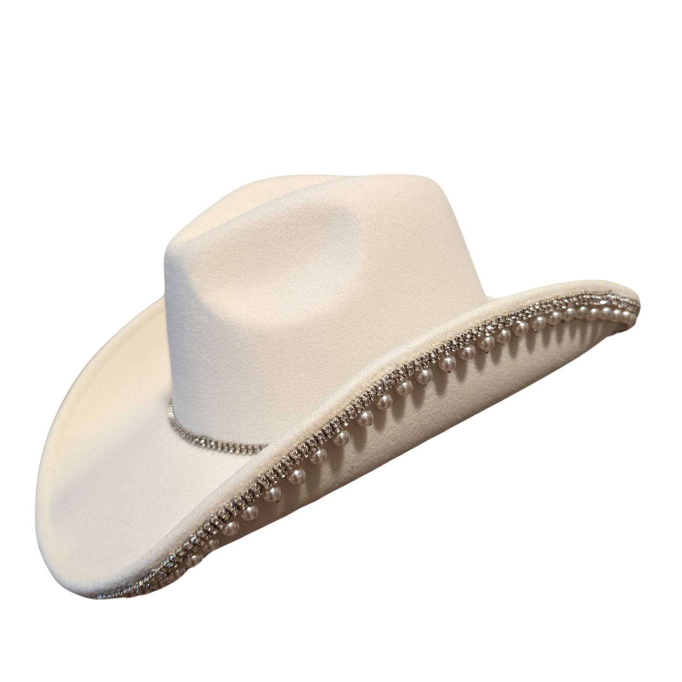 Ivory Pearl Designer cowboy hat by Redneck Legends — ivory hat with a faux pearl and rhinestone brim trim and a crystal band