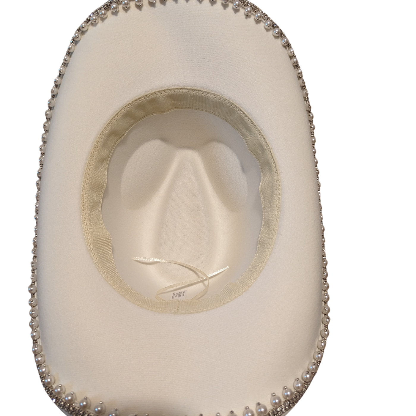 Ivory Pearl Designer cowboy hat by Redneck Legends — ivory hat with a faux pearl and rhinestone brim trim and a crystal band