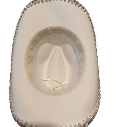 Ivory Pearl Designer cowboy hat by Redneck Legends — ivory hat with a faux pearl and rhinestone brim trim and a crystal band