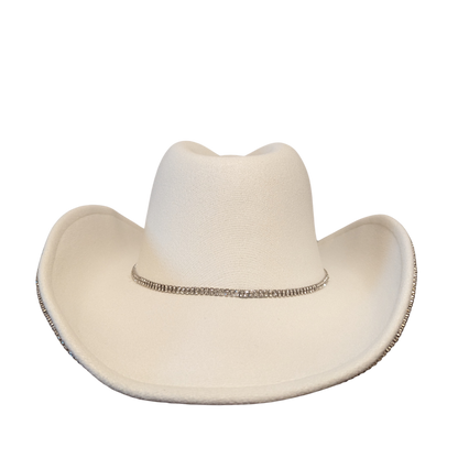 Ivory Pearl Designer cowboy hat by Redneck Legends — ivory hat with a faux pearl and rhinestone brim trim and a crystal band
