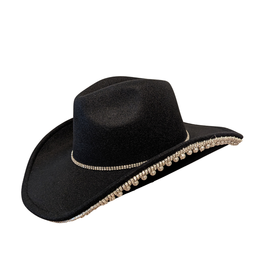Black Pearl Designer cowboy hat by Redneck Legends — black suede-look hat with a faux pearl and rhinestone brim trim and a crystal crown band