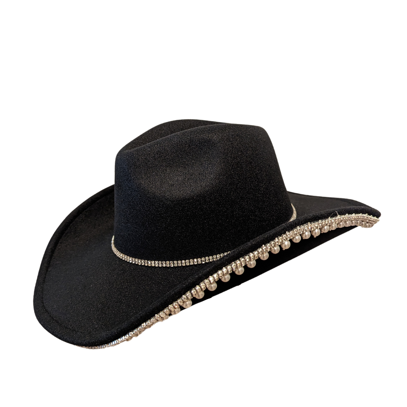 Black Pearl Designer cowboy hat by Redneck Legends — black suede-look hat with a faux pearl and rhinestone brim trim and a crystal crown band