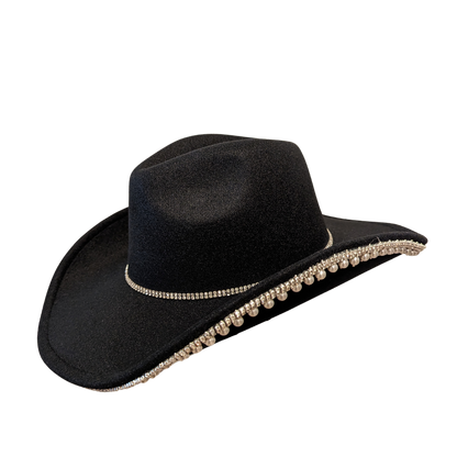 Black Pearl Designer cowboy hat by Redneck Legends — black suede-look hat with a faux pearl and rhinestone brim trim and a crystal crown band
