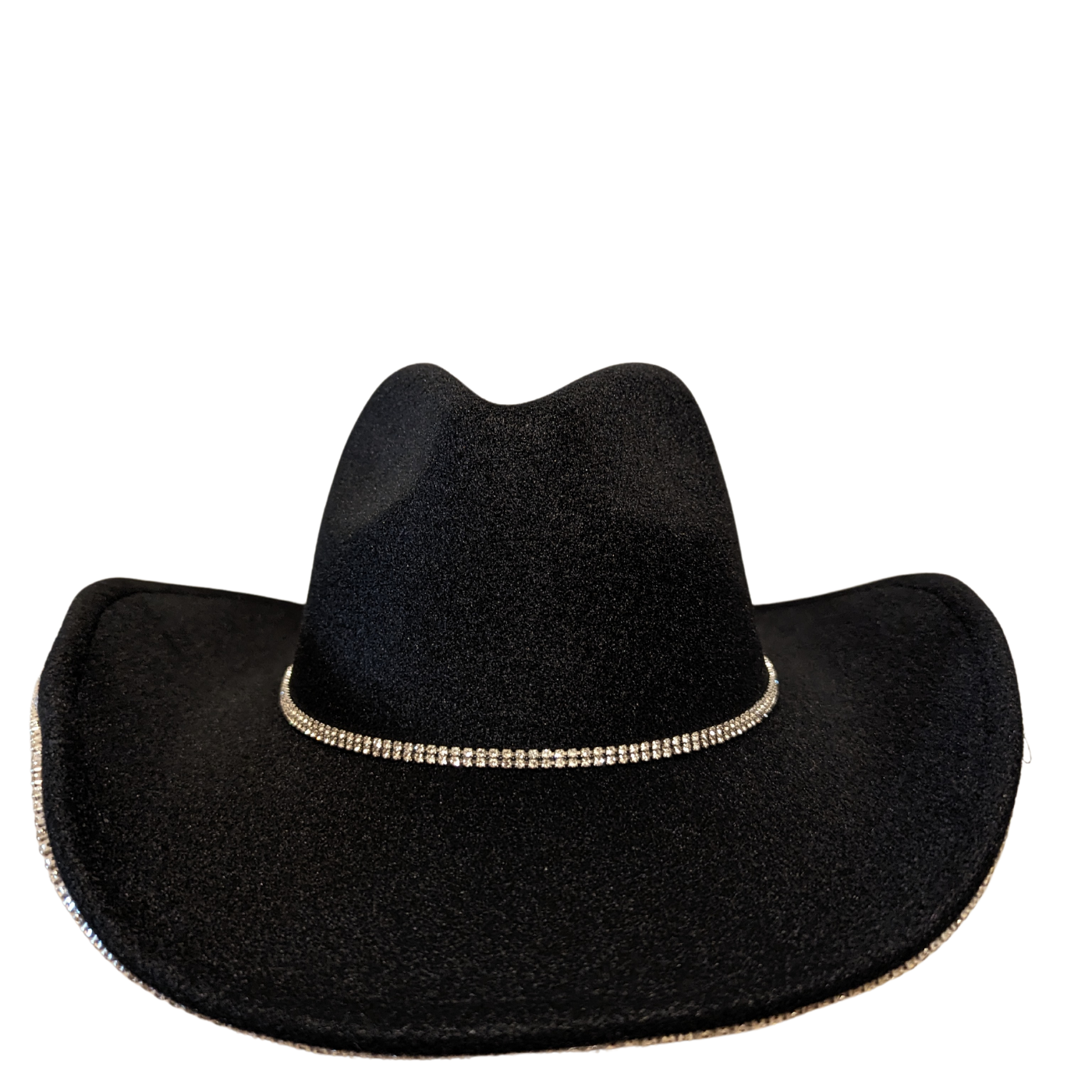 Black Pearl Designer cowboy hat by Redneck Legends — black suede-look hat with a faux pearl and rhinestone brim trim and a crystal crown band