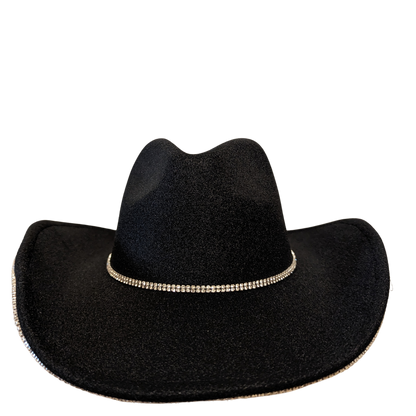 Black Pearl Designer cowboy hat by Redneck Legends — black suede-look hat with a faux pearl and rhinestone brim trim and a crystal crown band