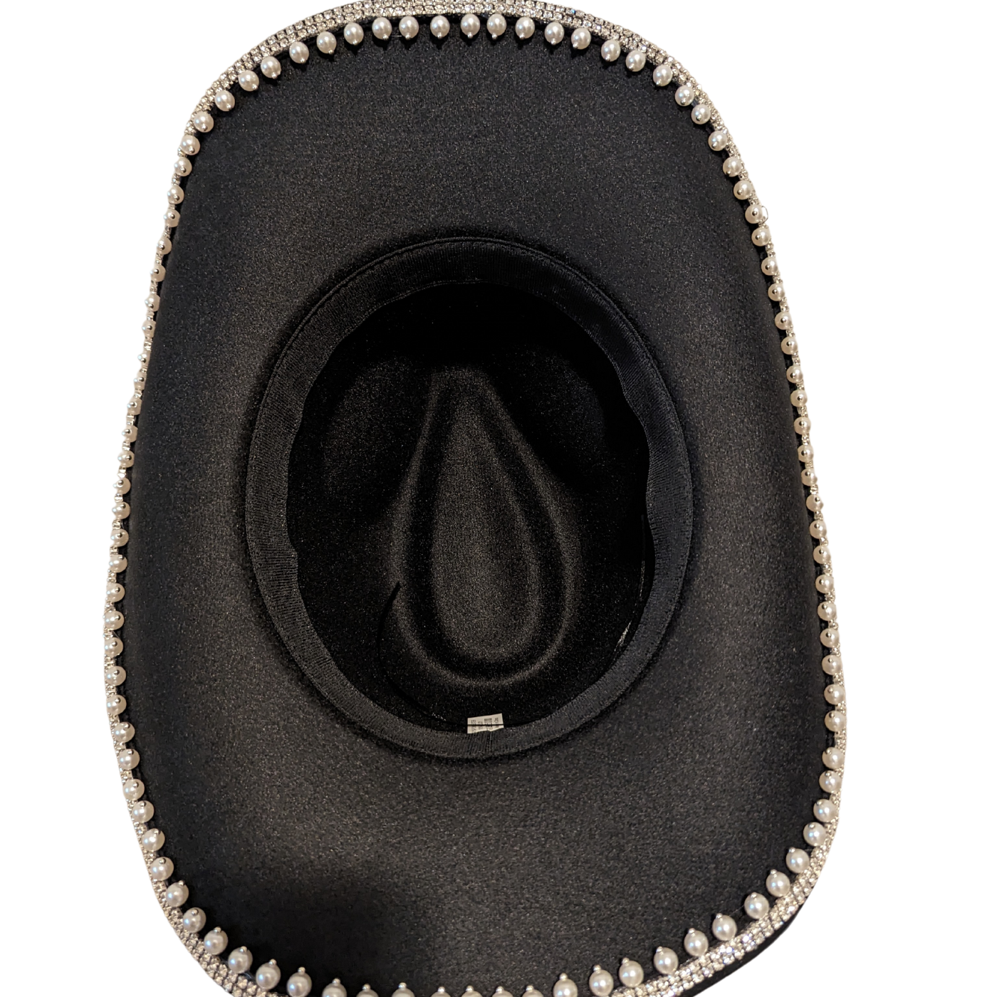 Black Pearl Designer cowboy hat by Redneck Legends — black suede-look hat with a faux pearl and rhinestone brim trim and a crystal crown band