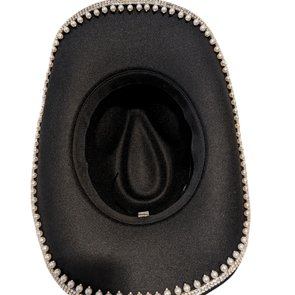 Black Pearl Designer cowboy hat by Redneck Legends — black suede-look hat with a faux pearl and rhinestone brim trim and a crystal crown band