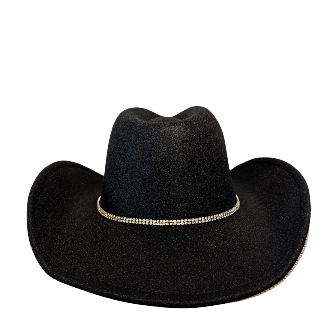 Black Pearl Designer cowboy hat by Redneck Legends — black suede-look hat with a faux pearl and rhinestone brim trim and a crystal crown band
