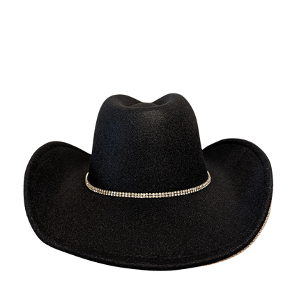 Black Pearl Designer cowboy hat by Redneck Legends — black suede-look hat with a faux pearl and rhinestone brim trim and a crystal crown band