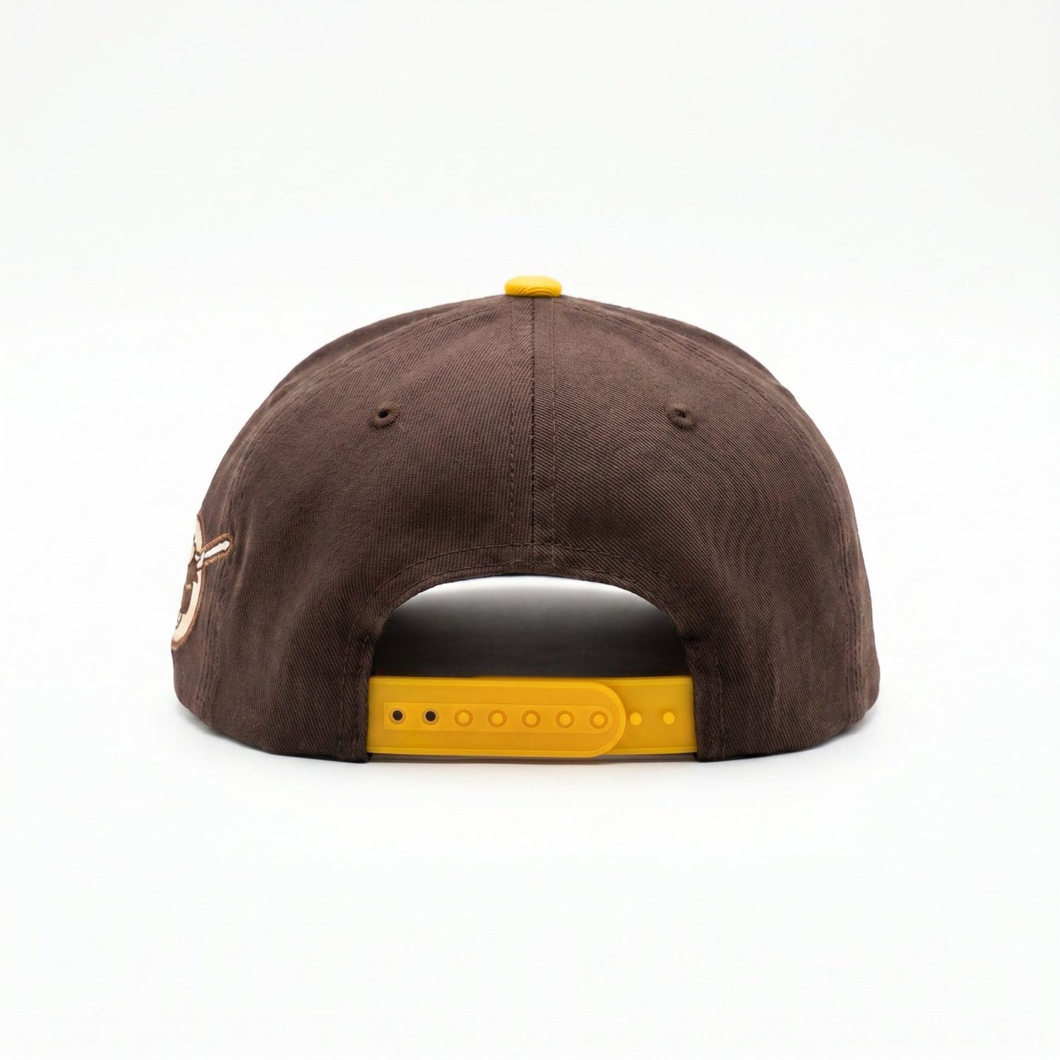Brown &amp; Gold Snapback Cap by Redneck Legends — back view of the brown crown with an adjustable golden-yellow snapback closure.
