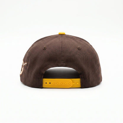 Brown &amp; Gold Snapback Cap by Redneck Legends — back view of the brown crown with an adjustable golden-yellow snapback closure.