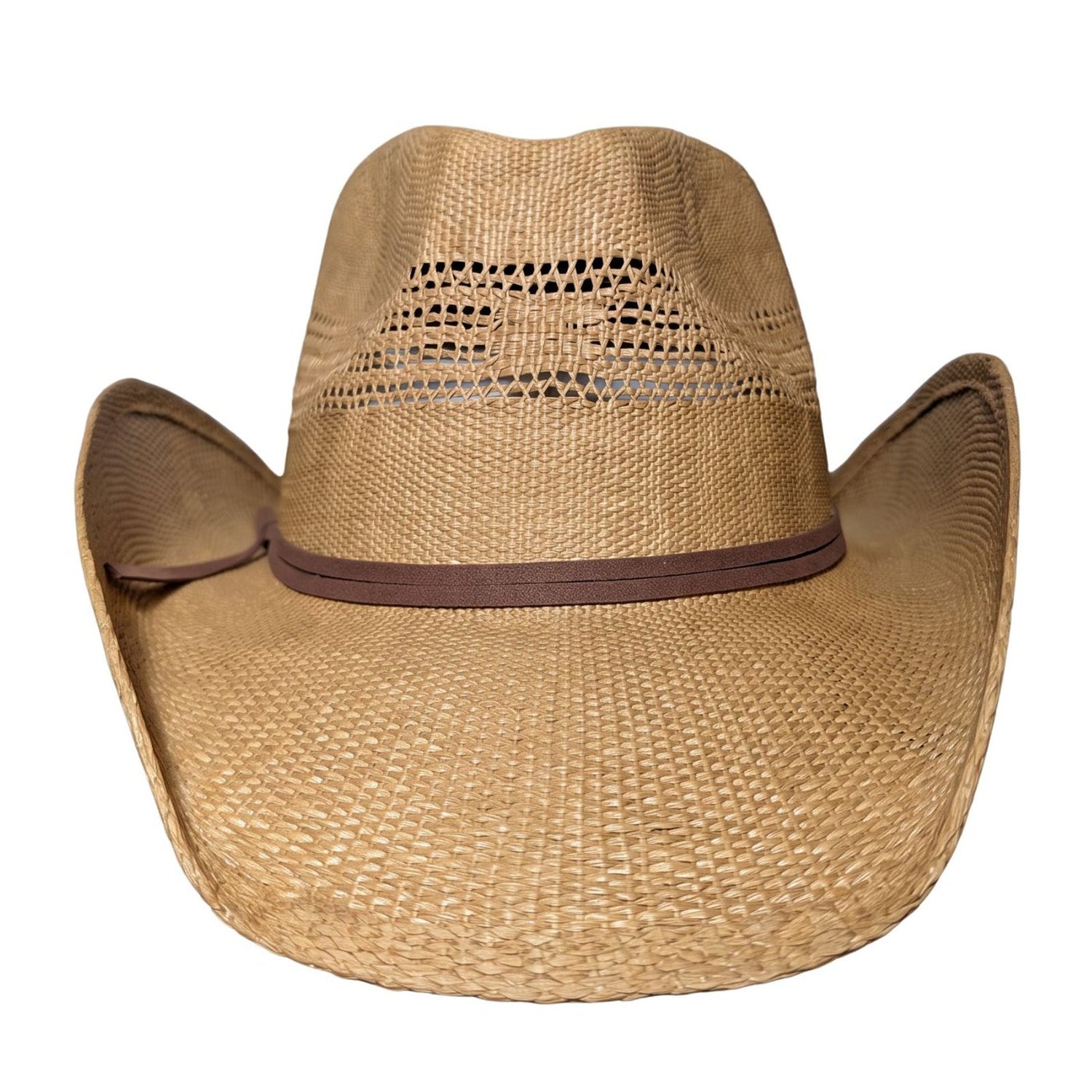 All Tan Open-Weave Cowboy Hat by Redneck Legends — front view showing breathable open-weave crown vents and thin brown suede-look double band
