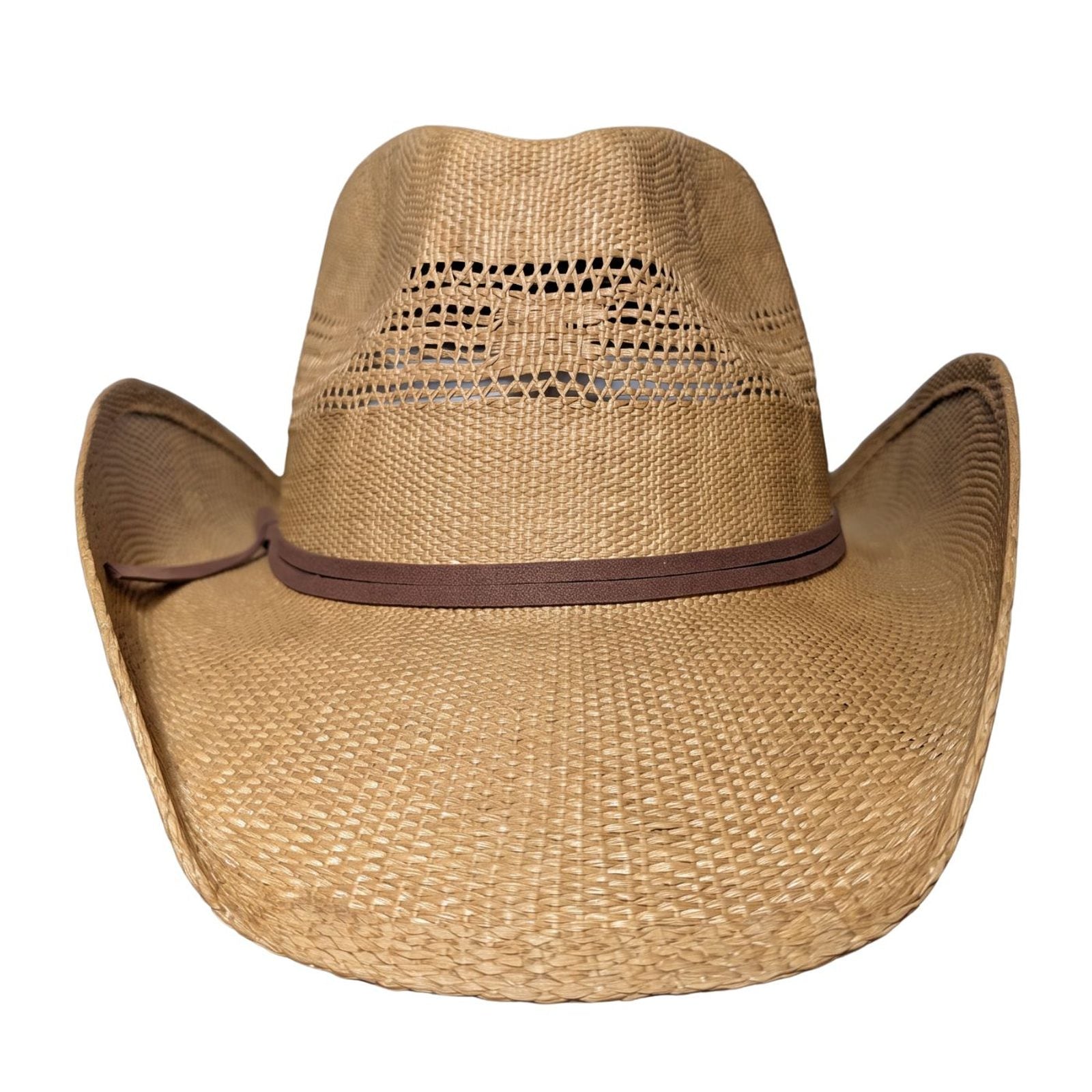 All Tan Open-Weave Cowboy Hat by Redneck Legends — front view showing breathable open-weave crown vents and thin brown suede-look double band
