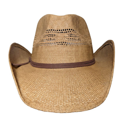 All Tan Open-Weave Cowboy Hat by Redneck Legends — front view showing breathable open-weave crown vents and thin brown suede-look double band