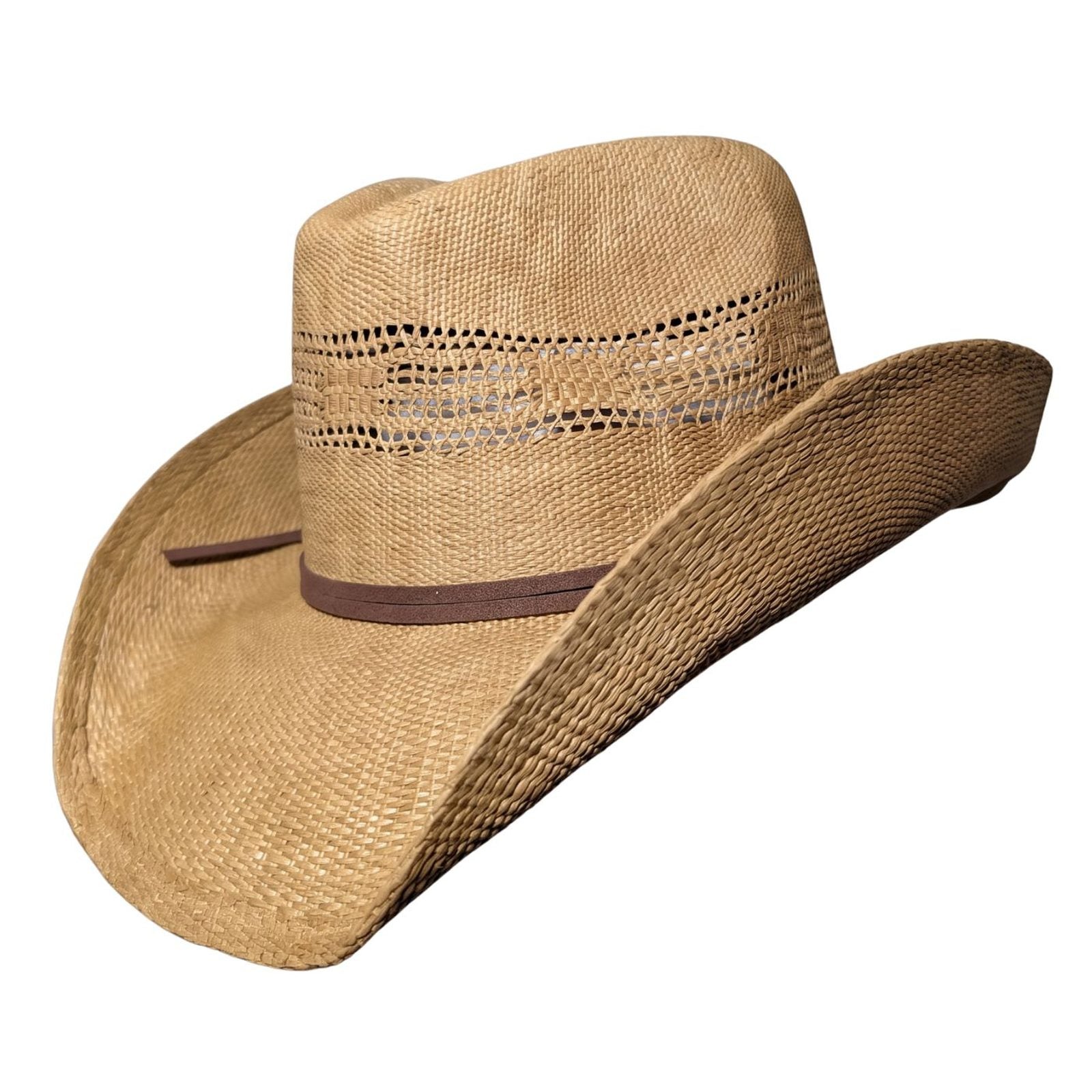 All Tan Open-Weave Cowboy Hat by Redneck Legends — side view of warm caramel-tan woven straw with vented open-weave crown and thin brown suede band