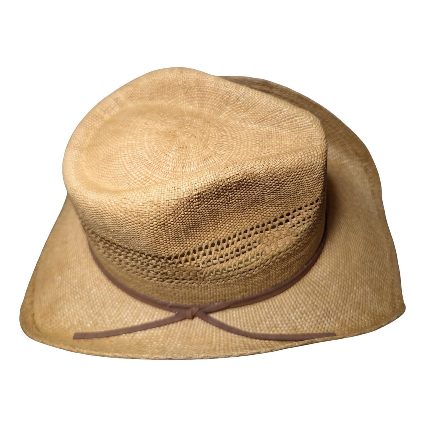 All Tan Open-Weave Cowboy Hat by Redneck Legends — top view of the woven tan crown, vented panels, and brown suede band knot