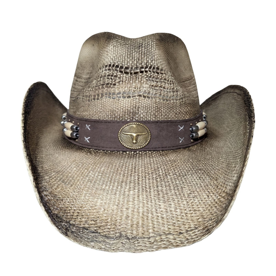 Beaded Longhorn Cowboy Hat - front view with brass longhorn medallion, bone hair-pipe beads, and white cross-stitching