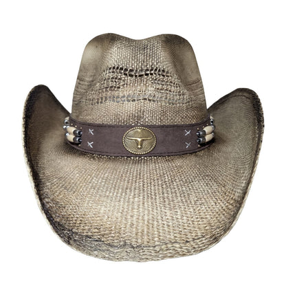 Beaded Longhorn Cowboy Hat - front view with brass longhorn medallion, bone hair-pipe beads, and white cross-stitching